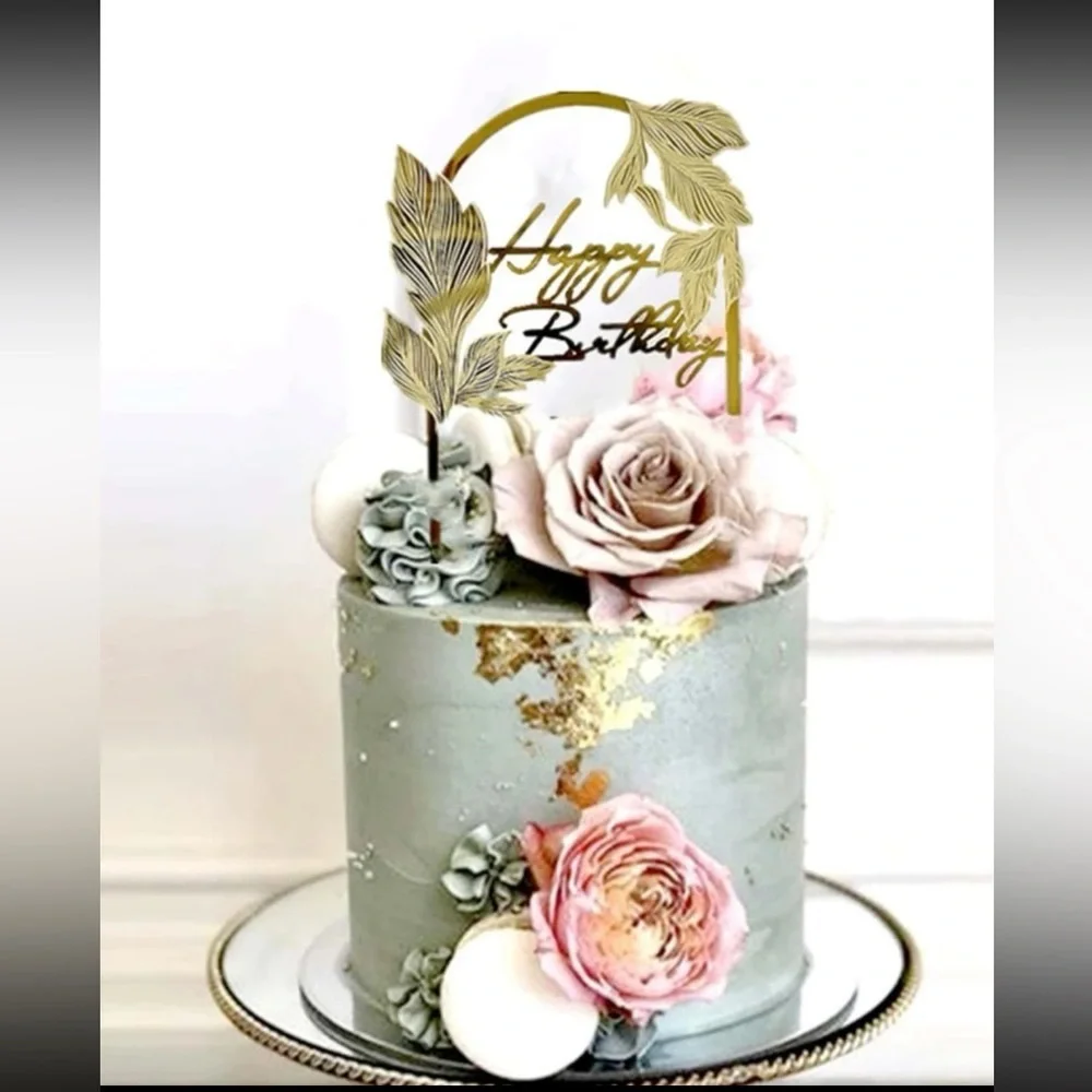 NEW Happy Birthday Gold Leaf / Leaves Tropical Cake Topper Decoration Party